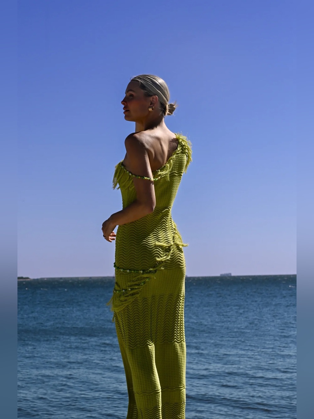Yllw Frida beaded asymmetrical neck fringe trim slit maxi dress chartreuse XS - Picture 3 of 8